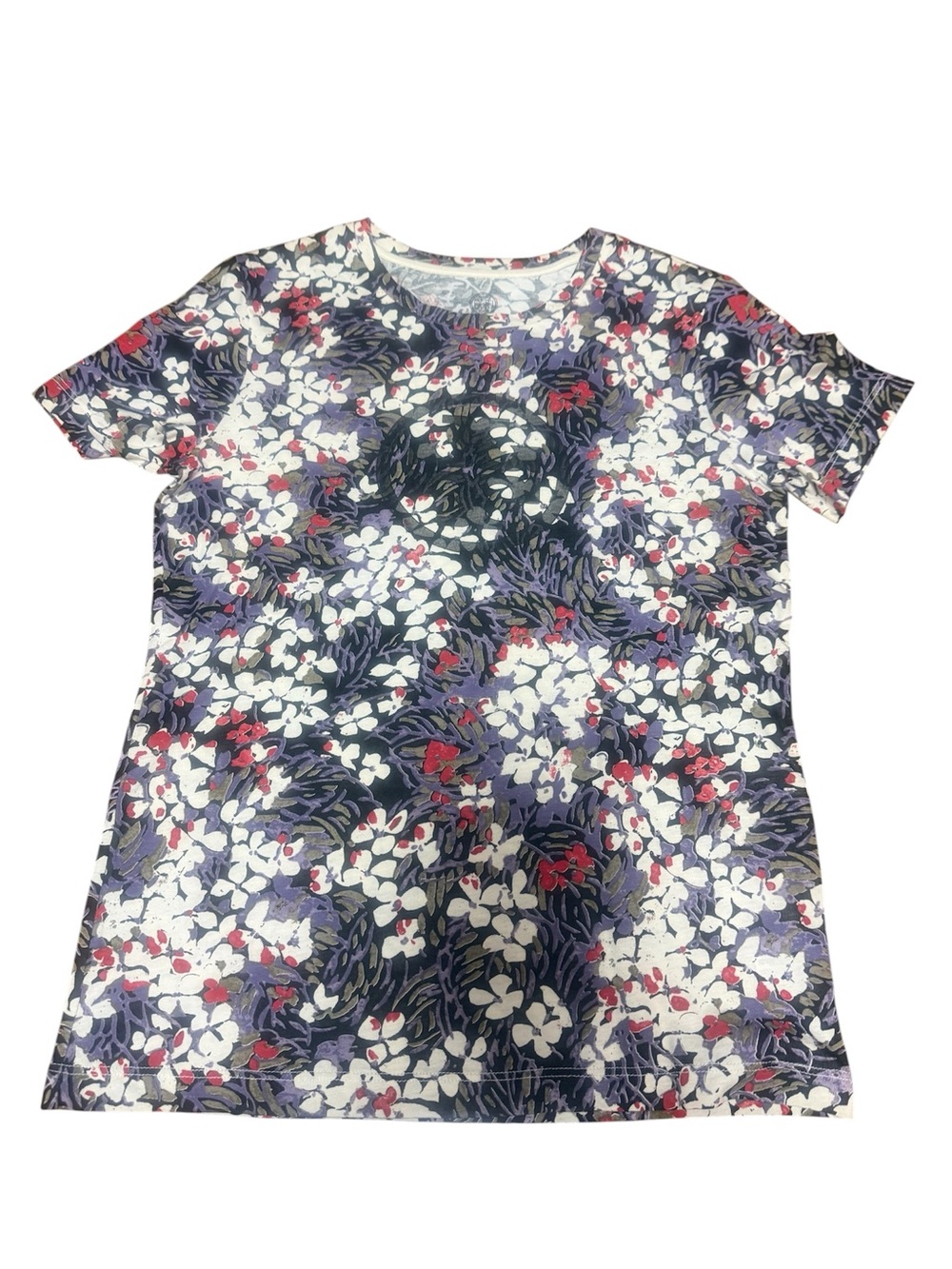Tory Burch Navy Floral Short Sleeve Tee with White & Red Accents S size